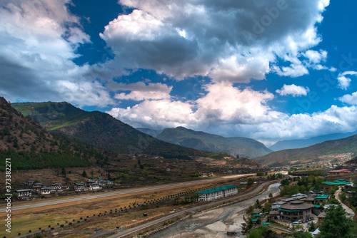 View from the top of the hill. Bhutan Airport (Dzongkha), one of the world's most challenging airports-Paro, Bhutan.