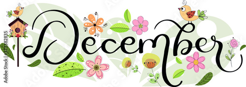 Hello December. DECEMBER month vector with flowers and leaves. Decoration floral. Illustration month December	
