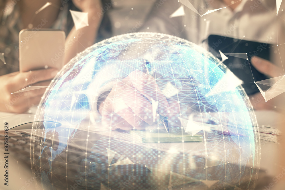 Double exposure of man and woman working together and financial theme hologram. international business concept. Computer background. Double exposure of man and woman working together and financial theme hologram. international business concept. Computer background.