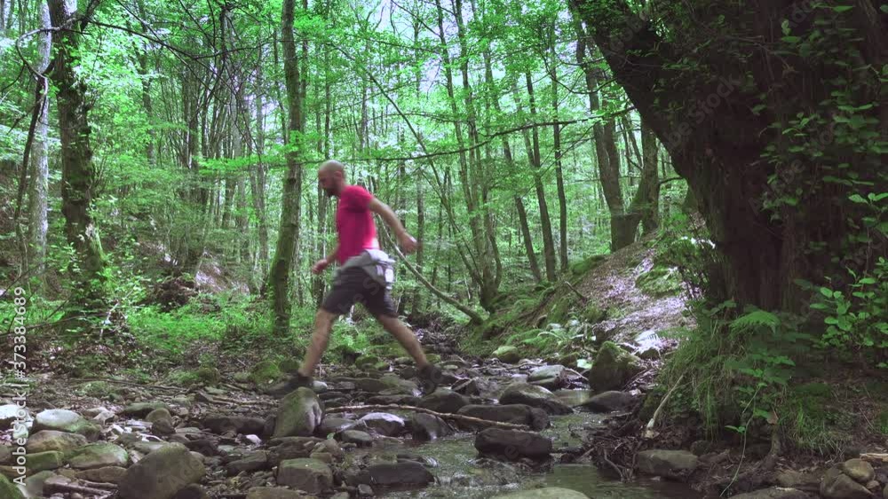 People hiking in the forest crossing a stream People hiking in the forest crossing a stream