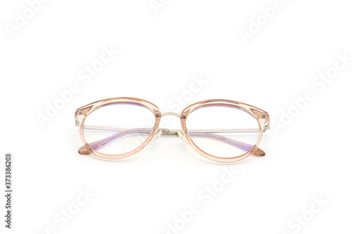 Pink frame clear glasses on white background