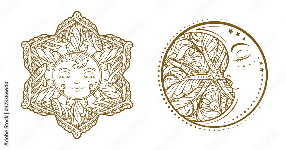 Fototapeta premium Ethnic sun and moon symbols. Temporary tattoo set.