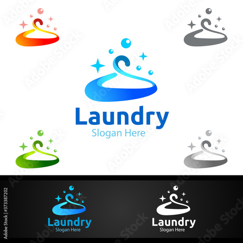 Hangers Laundry Dry Cleaners Logo with Clothes, Water and Washing Concept