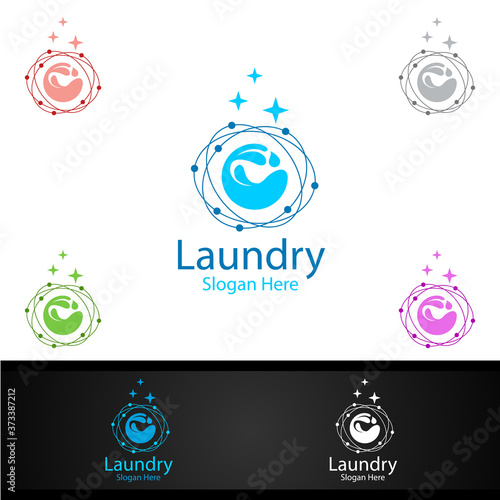 Laundry Dry Cleaners Logo with Clothes, Water and Washing Concept