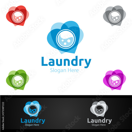 Love Laundry Dry Cleaners Logo with Clothes, Water and Washing Concept