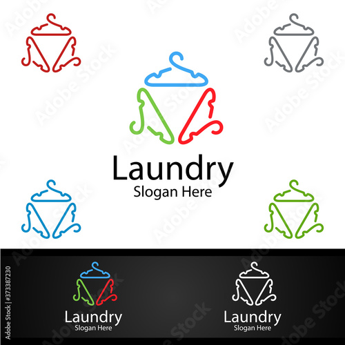 Hangers Laundry Dry Cleaners Logo with Clothes, Water and Washing Concept