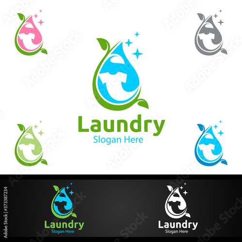 Eco Laundry Dry Cleaners Logo with Clothes, Water and Washing Concept