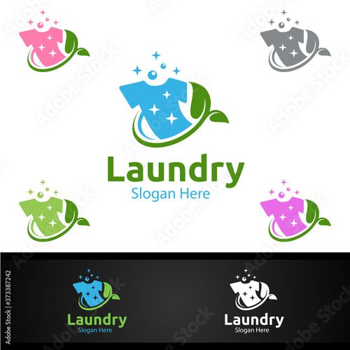 Eco Laundry Dry Cleaners Logo with Clothes, Water and Washing Concept
