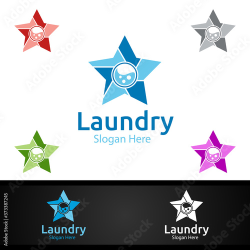 Star Laundry Dry Cleaners Logo with Clothes, Water and Washing Concept