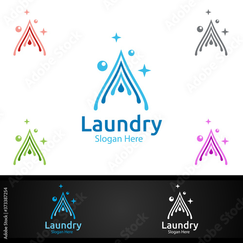Water Laundry Dry Cleaners Logo with Clothes, Water and Washing Concept
