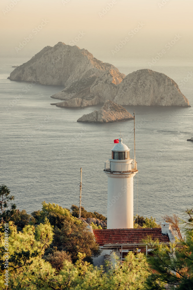 Fototapeta premium Lighthouse at Gelidonya cape at sunset, Antalya.