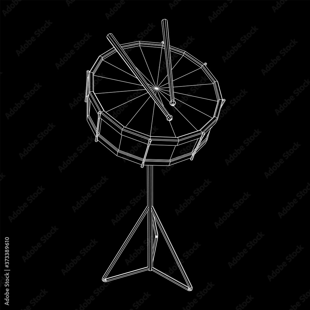 Musical instruments set. Rock band kit. Percussion musical instrument drum and stick. Wireframe low poly mesh vector illustration.
