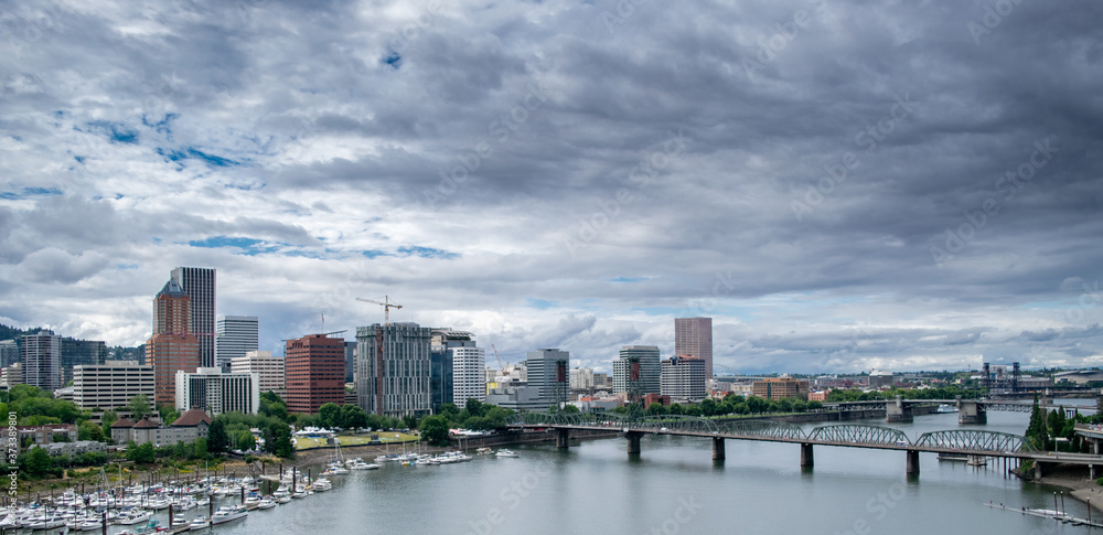 Aerial View of Portland Skyline and Willamette River - Portland, Oregon, USA