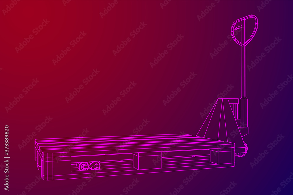Hand pallet jack lift. Manual forklift with cargo pallet for warehouse. Logistics shipping