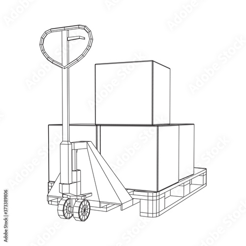 Hand pallet jack lift with pallet and stacked goods cardboard boxes. Manual forklift. Logistics shipping concept. Wireframe low poly mesh vector illustration.