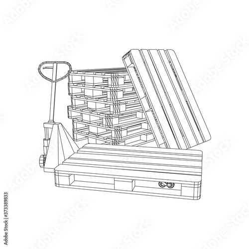 Hand pallet jack lift. Manual forklift with cargo pallet for warehouse. Logistics shipping concept. Wireframe low poly mesh vector illustration.