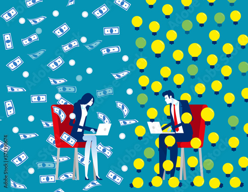 Business idea and money. Business financial marketing concept. Flat cartoon vector style design.
