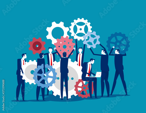 Lots of people working with gears. Rotating them and making mechanism working concept. Flat business cartoon vector style