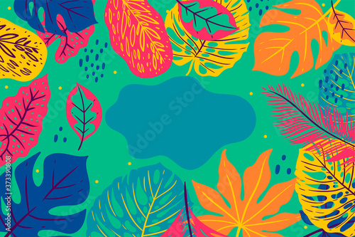 Tropical frame with colorful leaves. Vector graphics.