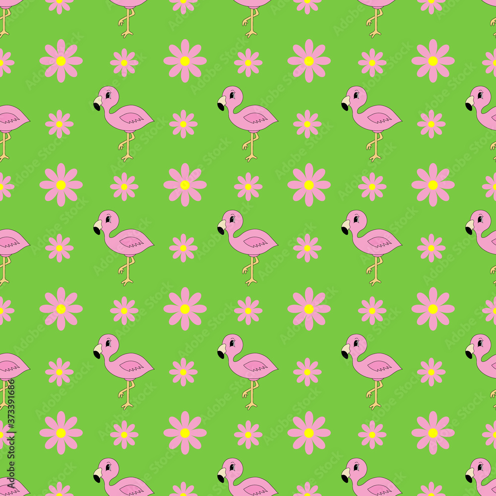 Cartoon cute flamingo. Vector illustration for children. Seamless pattern.