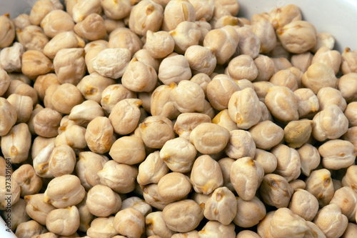 Closeup of dried garbanzo beans, or chickpeas.