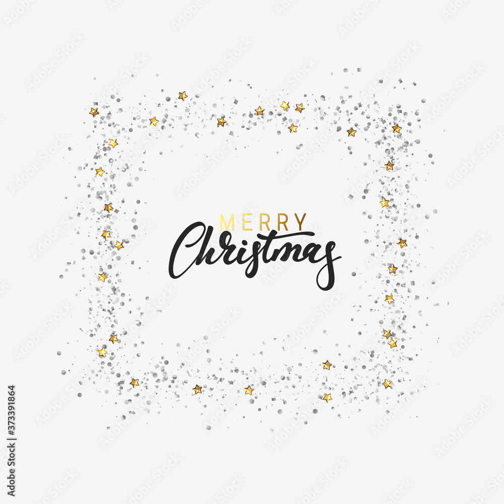 Festive background Merry Christmas calligraphic text lettering, frame strewn with shiny silver confetti and tinsel. Celebrate decoration element. Xmas greeting card, banner poster. vector illustration
