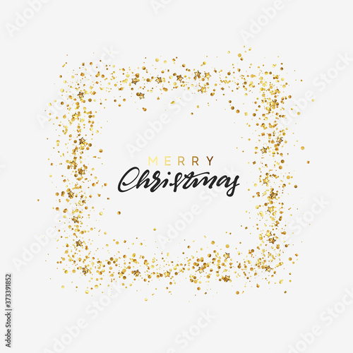 Festive background Merry Christmas calligraphic text lettering, frame strewn with shiny gold confetti and tinsel. Celebrate decoration elements. Xmas greeting card, banner poster. vector illustration
