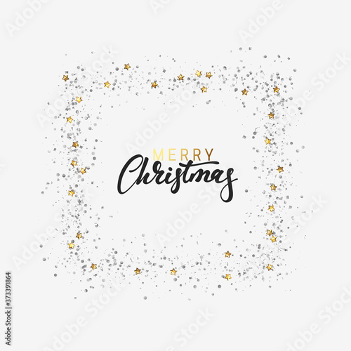 Festive background Merry Christmas calligraphic text lettering, frame strewn with shiny silver confetti and tinsel. Celebrate decoration element. Xmas greeting card, banner poster. vector illustration