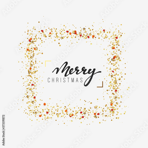Festive background Merry Christmas calligraphic text lettering, frame strewn with shiny gold confetti and tinsel. Celebrate decoration elements. Xmas greeting card, banner poster. vector illustration