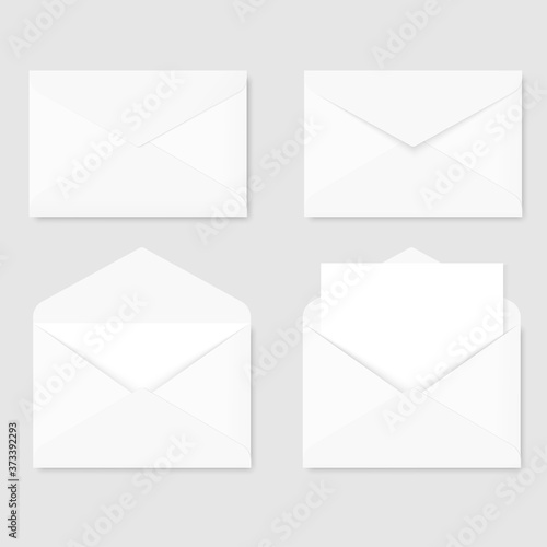 Set of white letter paper envelopes front view. Vector.