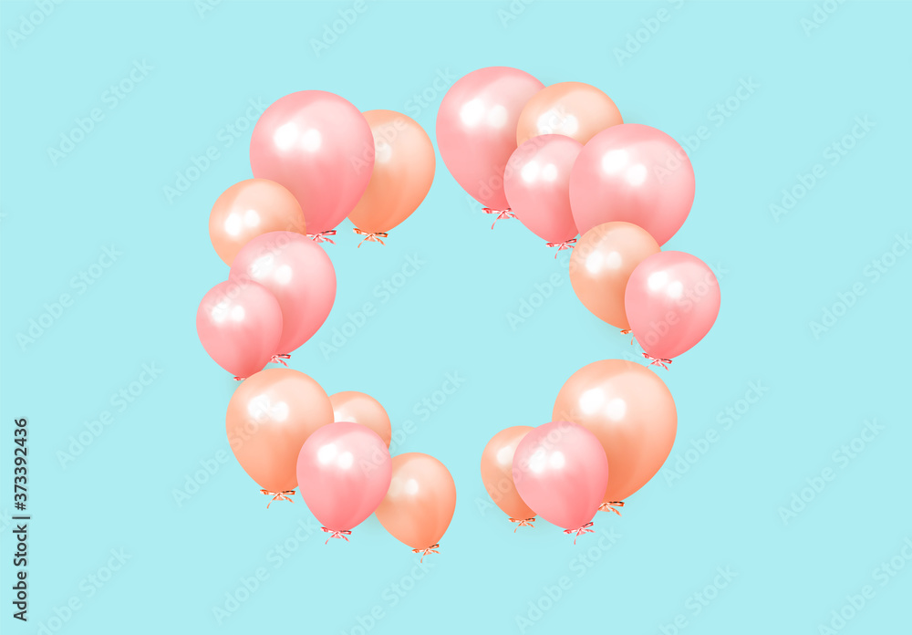 Festive background with helium balloons. Celebrate a birthday, Poster, banner happy anniversary. Realistic decorative design elements. Vector 3d object ballon, pink and orange color. Festive background with helium balloons. Celebrate a birthday, Poster, banner happy anniversary. Realistic decorative design elements. Vector 3d object ballon, pink and orange color.
