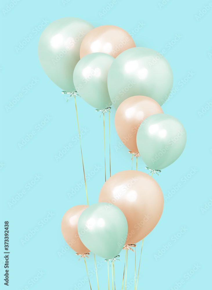Festive background with helium balloons. Celebrate a birthday, Poster, banner happy anniversary. Realistic decorative design elements. Vector 3d object ballon, pink and orange color. - obrazy, fototapety, plakaty 