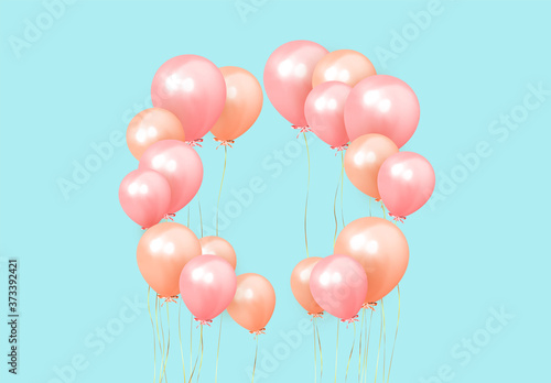 Festive background with helium balloons. Celebrate a birthday, Poster, banner happy anniversary. Realistic decorative design elements. Vector 3d object ballon, pink and orange color.