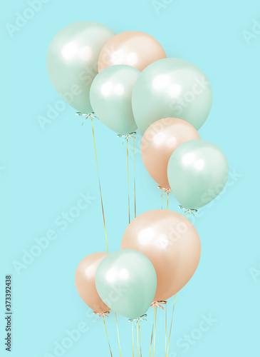 Festive background with helium balloons. Celebrate a birthday, Poster, banner happy anniversary. Realistic decorative design elements. Vector 3d object ballon, pink and orange color.