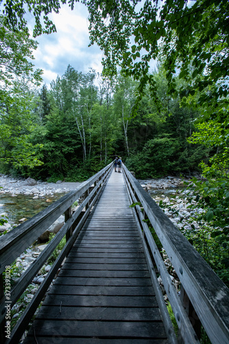 The Lincoln Woods Trail crosses Franconia Branch via a wooden footbridge with spectacular views of the water