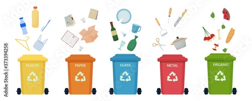 Set of trash cans, containers with different types of garbage, recycling symbols isolated on white background. Ecology, environment care concept stock. Vector illustration