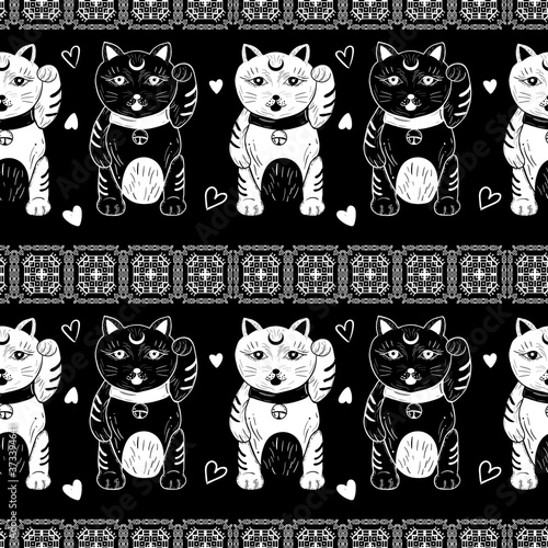 Cute traditional japanese pattern with maneki neko and ornaments.