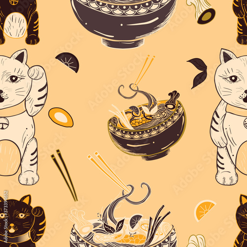Cute traditional japanese pattern with maneki neko and asian noodle soup(udon, miso, pho, ramen).
