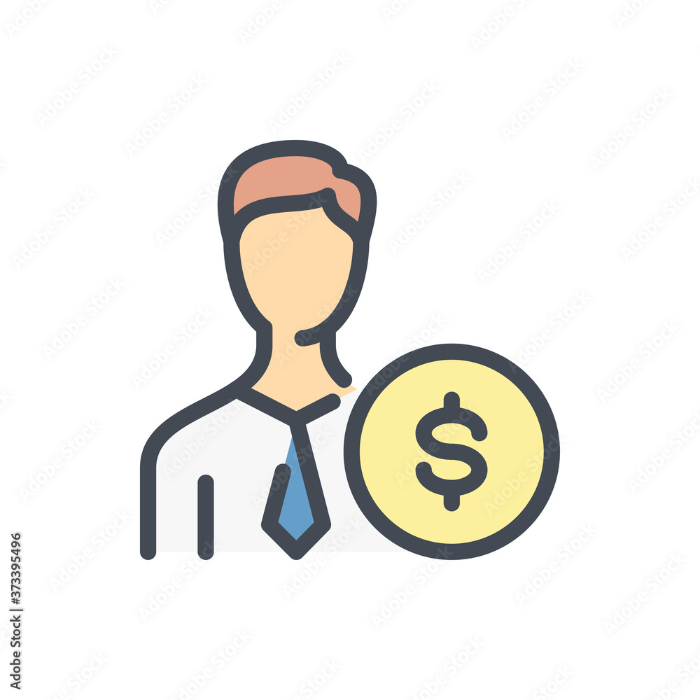 Man with Dollar Coin color line icon. Salary and Investor vector outline colorful sign. Man with Dollar Coin color line icon. Salary and Investor vector outline colorful sign.