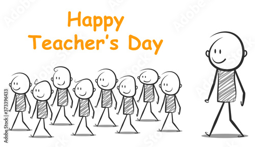 teacher's day special: cartoon stickman cute children walking ahead of teacher poster with copy space for you r text. vector illustration.