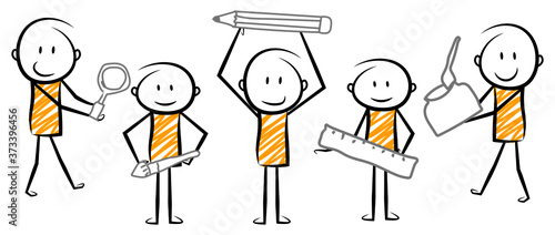cartoon stickman holding stationary objects. vector illustration.