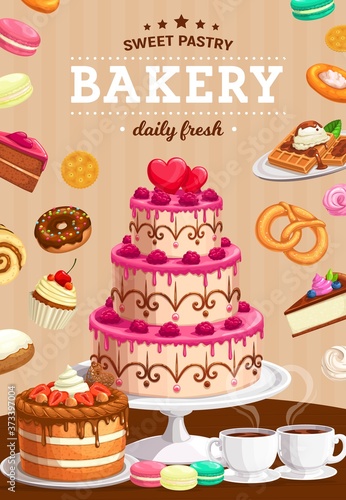 Bakery and patisserie. Holiday pie and cakes cartoon vector poster. Raspberry cake decorated frosting and hearts, waffles with ice-cream, donut, pretzel and cupcake, french macaroon, cup of hot coffee