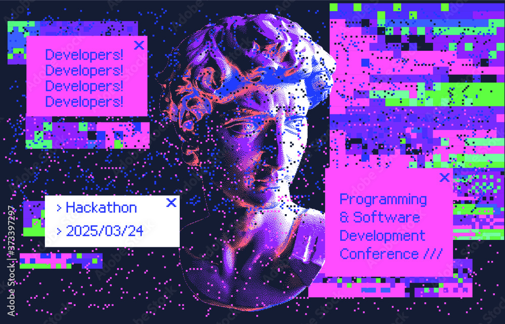 Cyberpunk-style collage with plaster 3D head and pixel artifacts ...