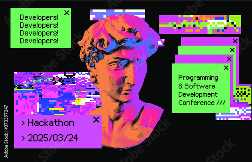 Cyberpunk-style collage with plaster 3D head and pixel artifacts. Vaporwave and retrowave aesthetics from the 80s.
