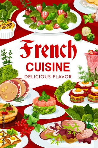 France cuisine vector breton pancakes, cabbage stuffed with meat, sandwich croc madame, gratten with mushrooms, bacon wrapped liver plate, strawberry cream dessert. French meals, food dishes poster