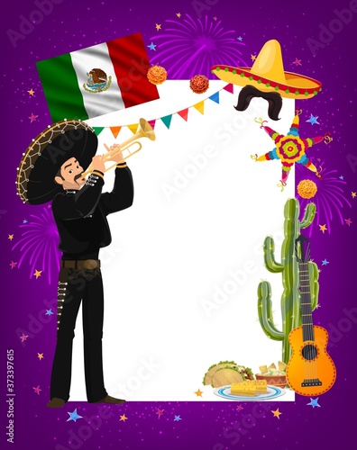 Cinco de Mayo vector frame with Mariachi mexican musician character in sombrero and national costume playing trumpet. Latino food tacos, corn and guacamole, cacti, guitar. Cartoon Cinco de Mayo border