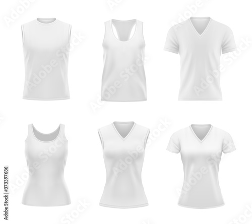 White sports tshirts for men and women vector mockup. Isolated t shirts, singlets with short sleeves, round and triangle neck front view template. Blank apparel design, sportswear realistic 3d mock up