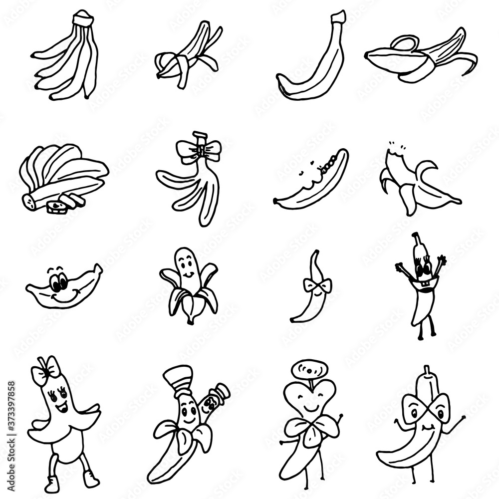 Obraz premium Hand drawing banana doodle vector set