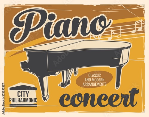 Piano concert music poster, classic music live festival, vector fortepiano philharmonic symphony. Piano music concert, classical acoustic sound orchestra musical instrument performance in philharmonic