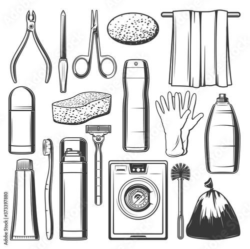 Personal hygiene icons, household cleaning items, skin care and bath washing bath, vector. Hygiene personal care toiletries, bathroom sponge and toothpaste, shaving gel, washing machine and detergents